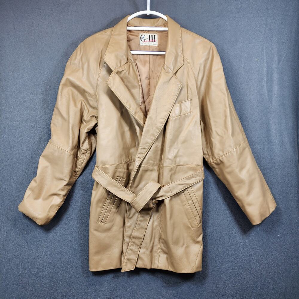 Vintage G III Leather Fashions Womens Coat British Tan Belt Pockets Mob Wife USA